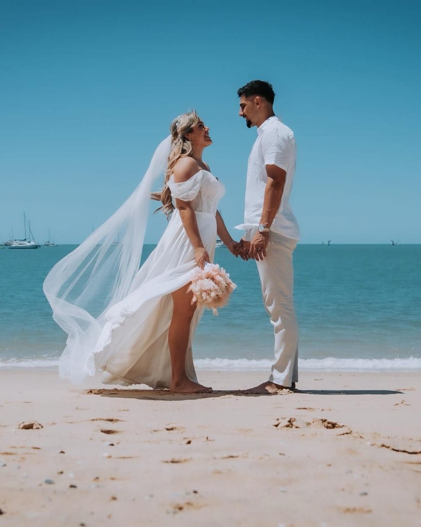 Bride in modern wedding gown